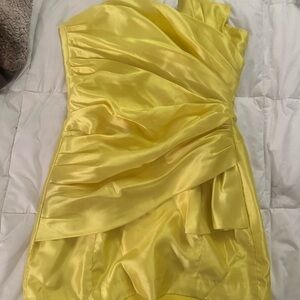 House of CB London yellow satin strapless ruffle layered mini dress